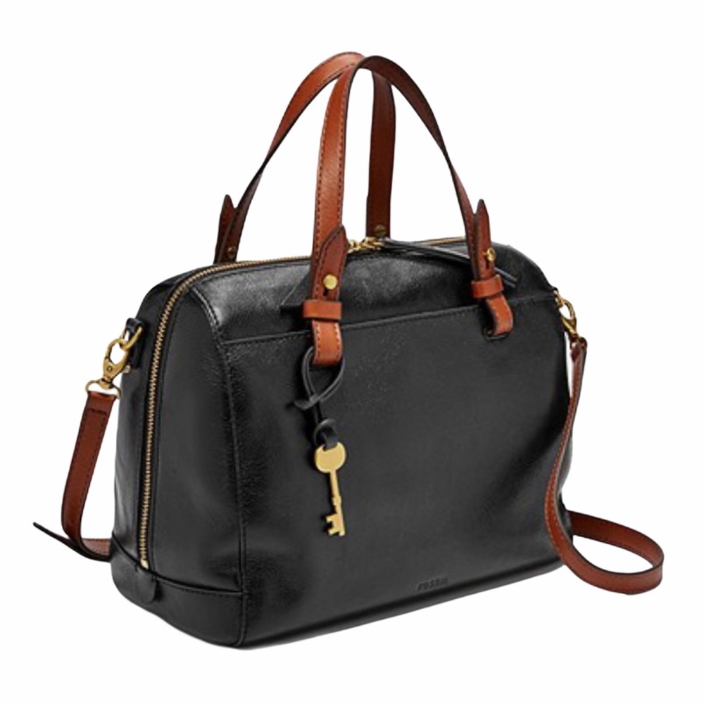 Fossil Black and Brown Leather Crossbody Satchel